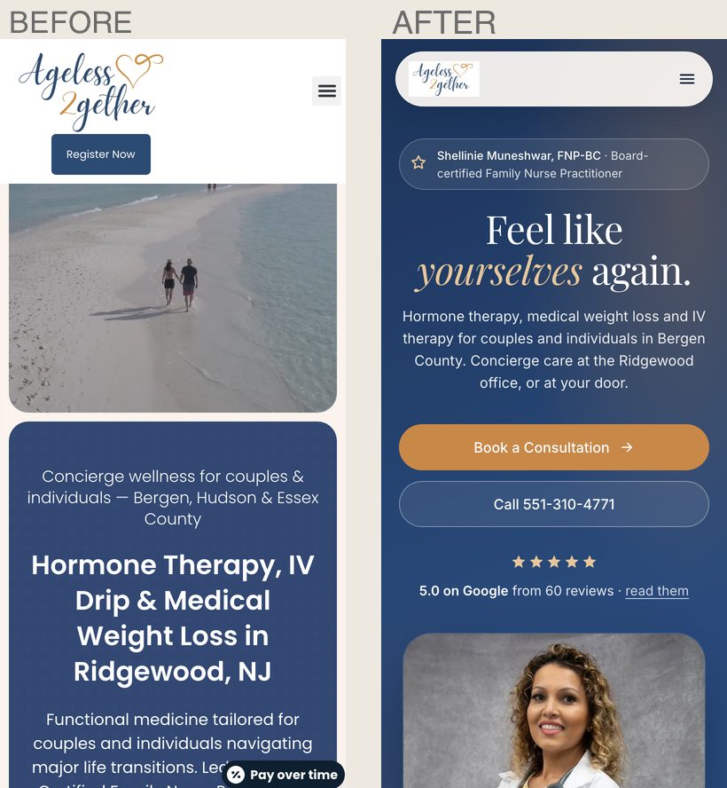 ageless2gether.com first screen on a phone, before and after