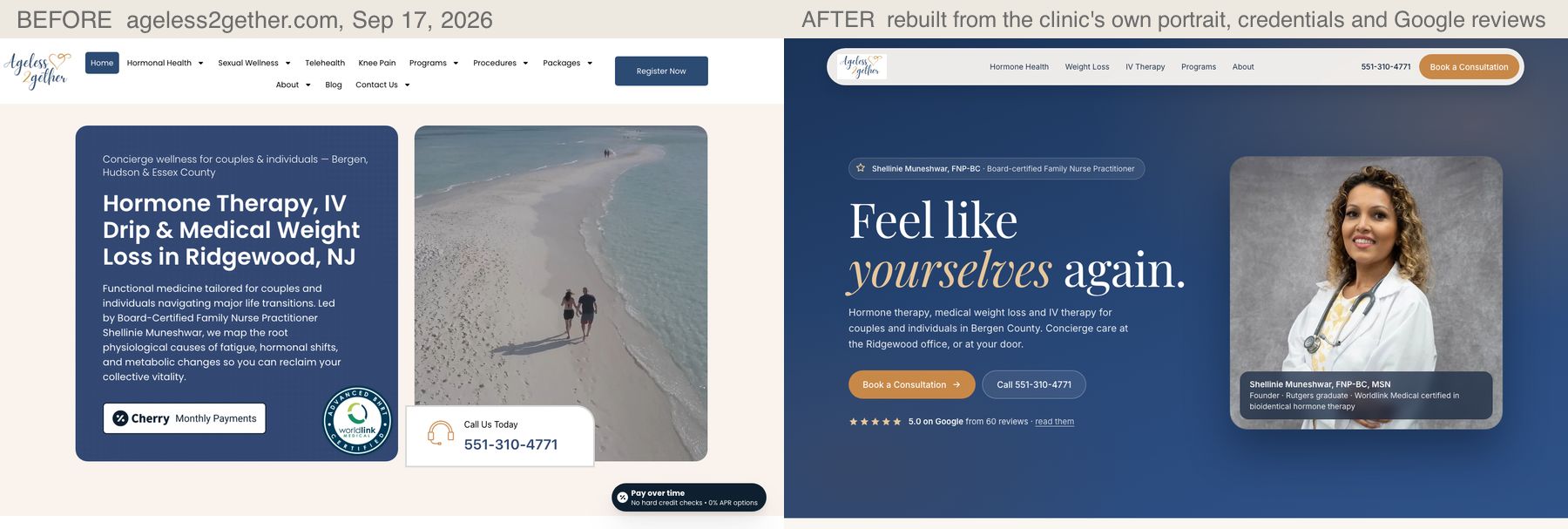 ageless2gether.com first screen, before and after, desktop
