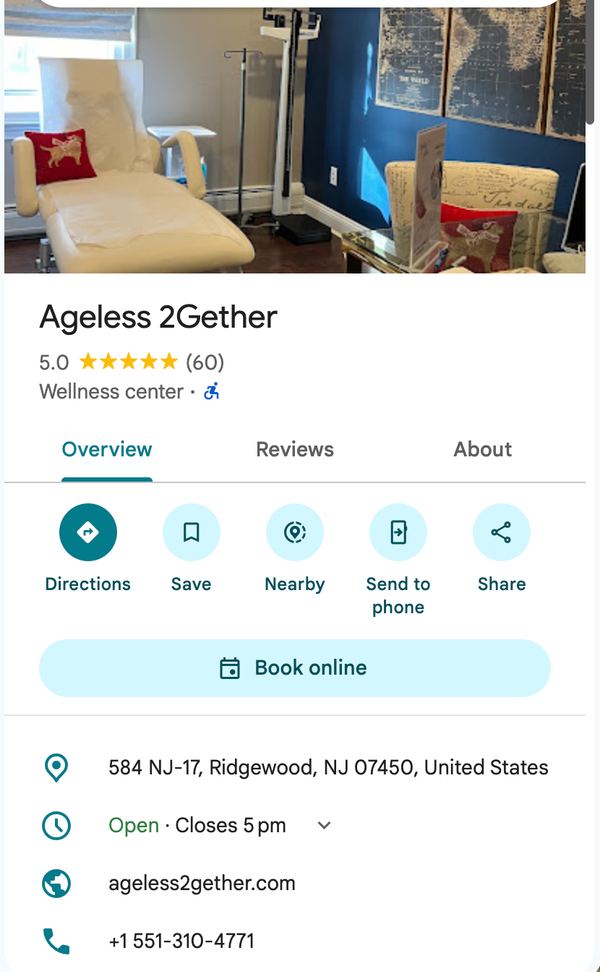 Google Business Profile for Ageless 2Gether: 5.0 from 60 reviews, Book online button
