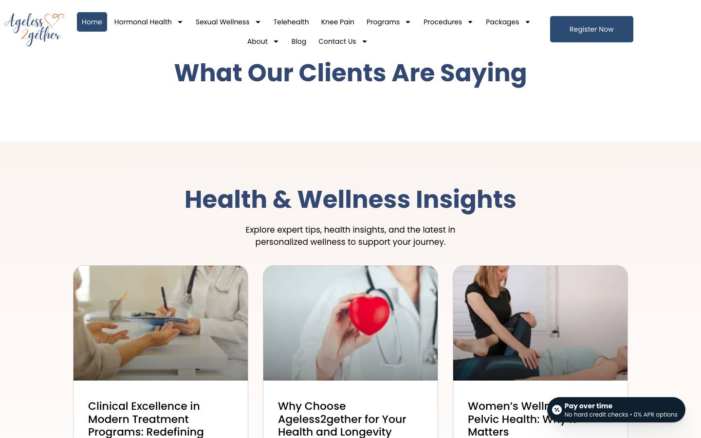ageless2gether.com: the heading What Our Clients Are Saying with nothing rendered under it