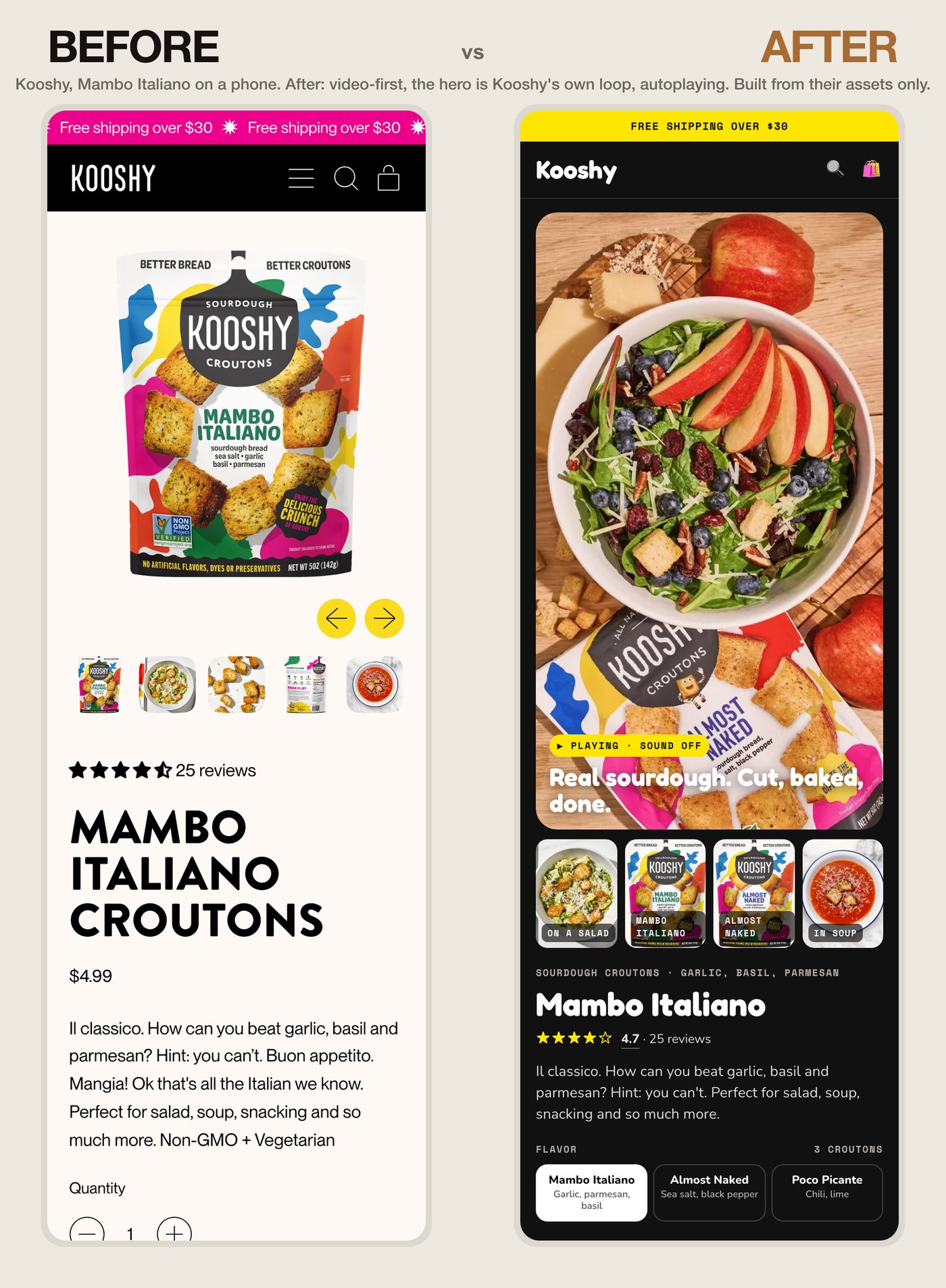 Kooshy Mambo Italiano product page, before and after rebuild, mobile