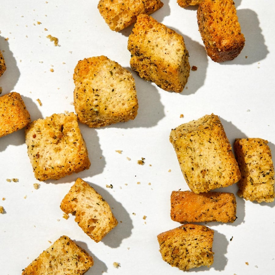 Close-up of Mambo Italiano croutons showing seasoning and browning