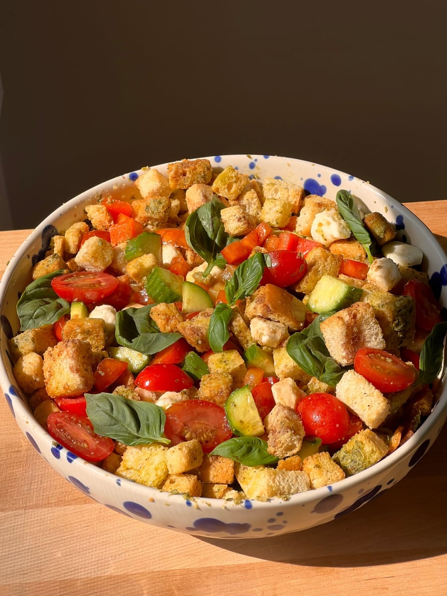 Pesto butter panzanella salad