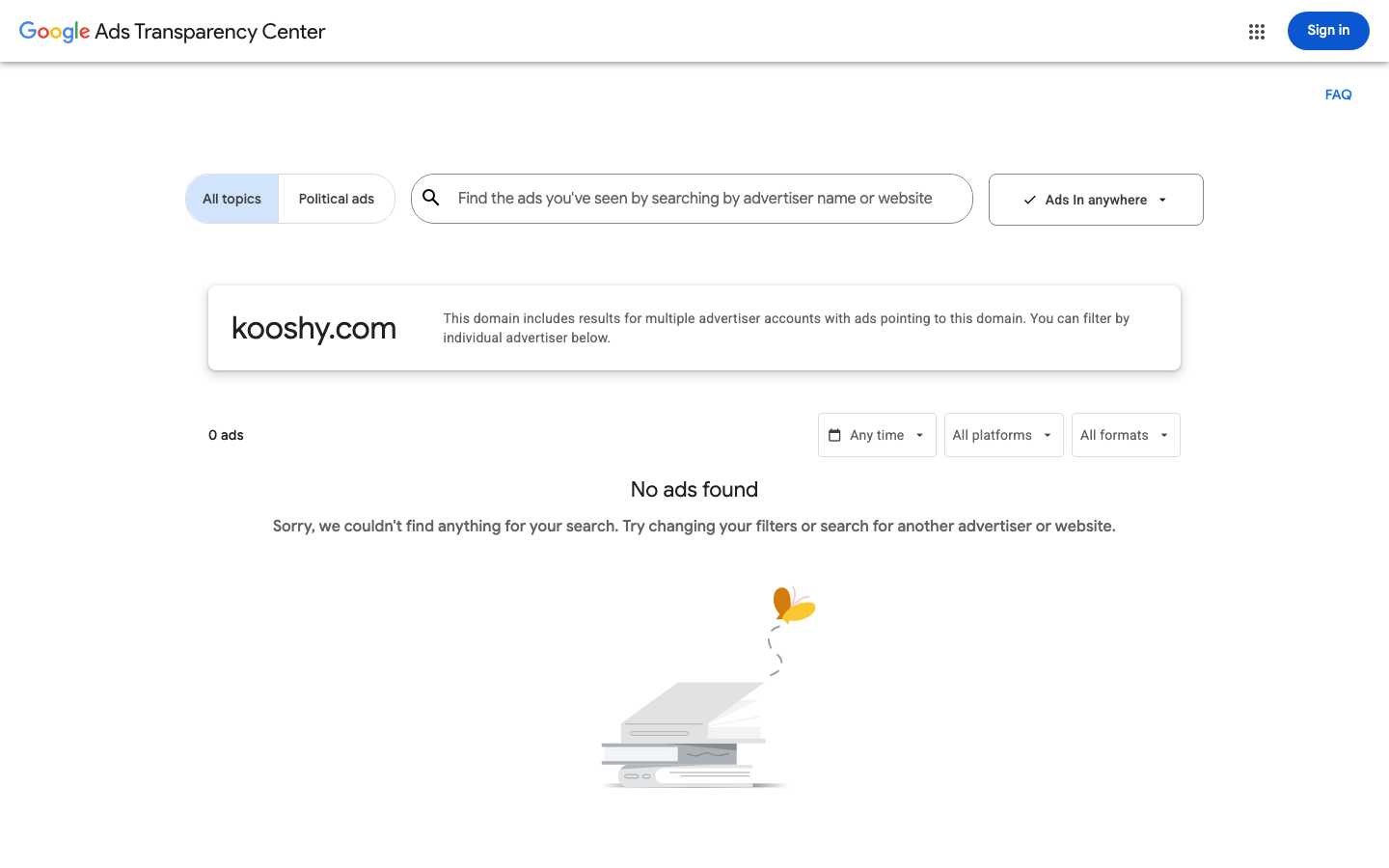 Google Ads Transparency Center: 0 ads for kooshy.com