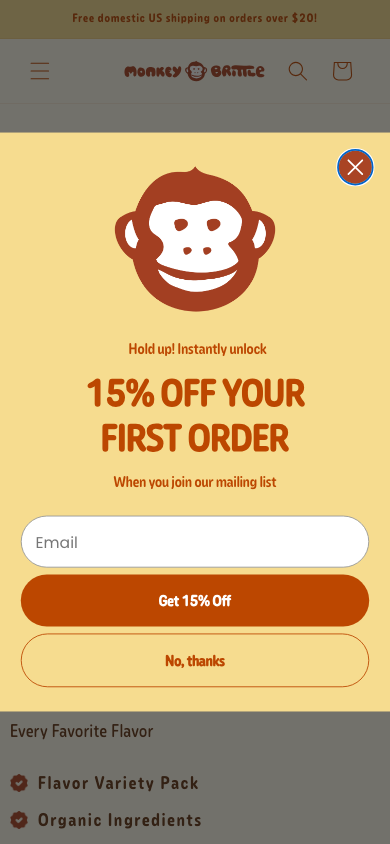 Monkey Brittle product page on a phone